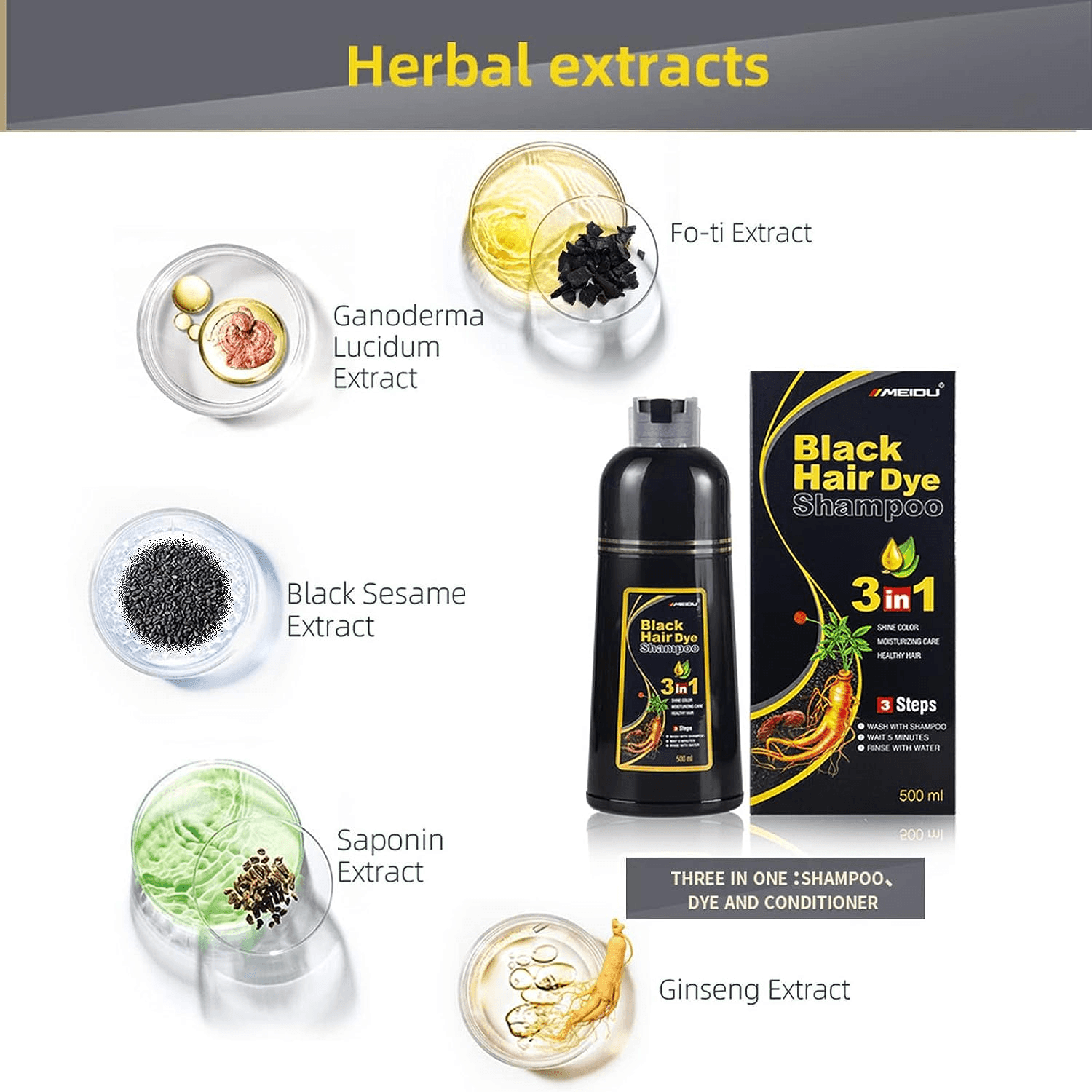 Meidu Hair Dye Shampoo 3 in 1 (2.0 Natural Black) - 500ml - Pinoyhyper