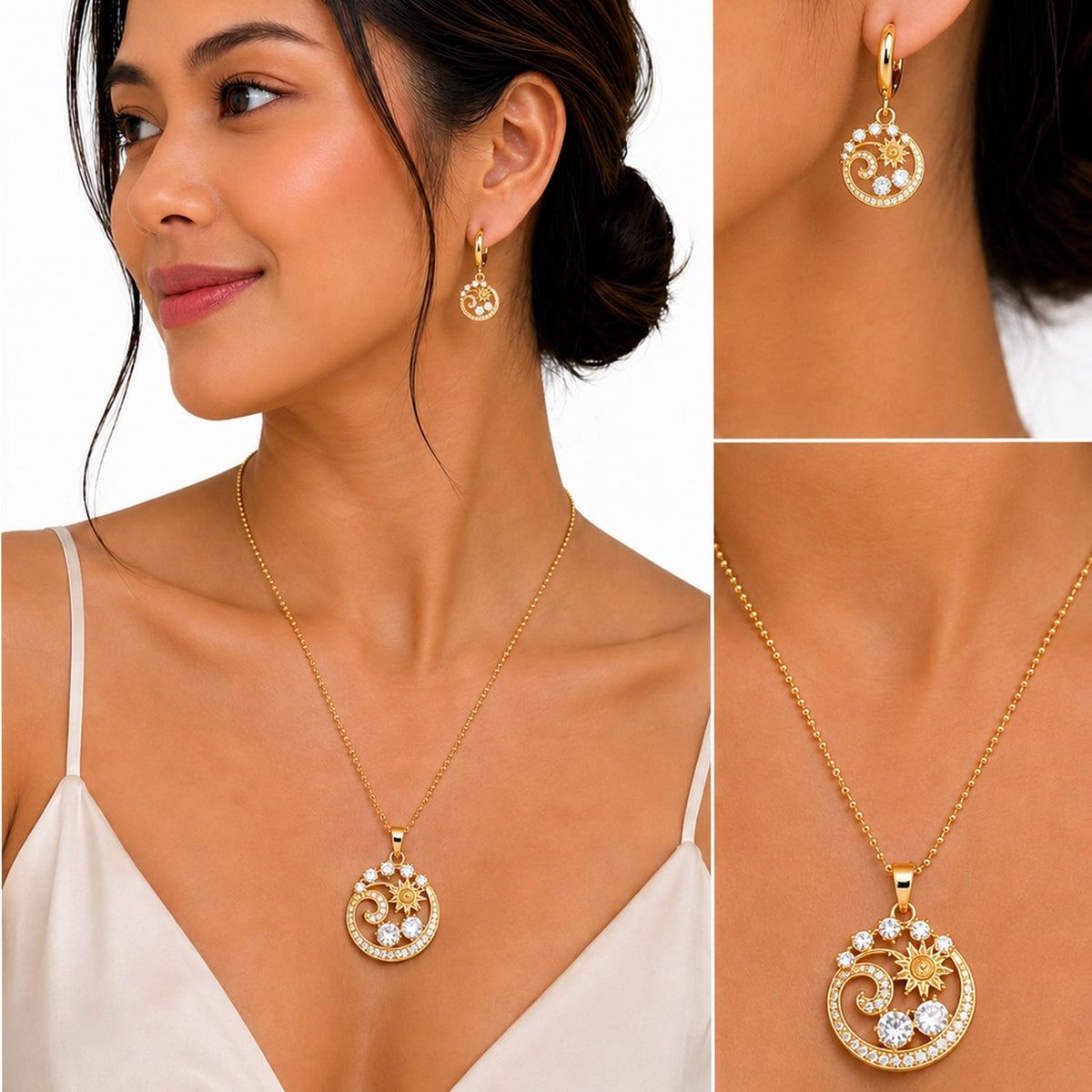 Crystal Gold Sunburst Necklace & Earring Jewelry Set - FJ64